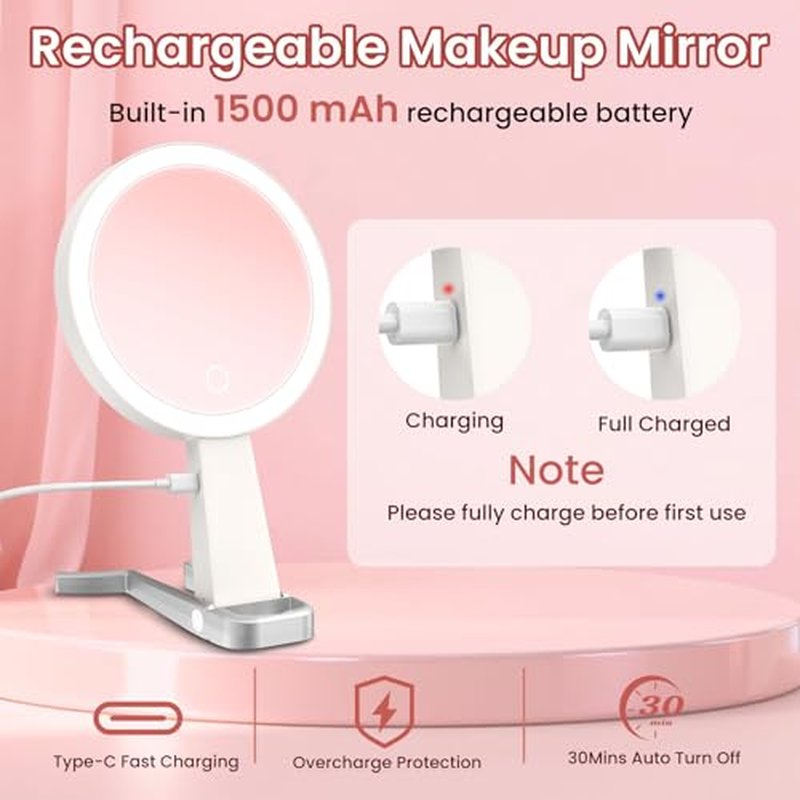 10X Magnifying Makeup Mirror with 3 Color Lights, Rechargeable