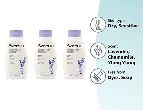 Aveeno Stress Relief Body Wash with Soothing Oat, Lavender, Chamomile & Ylang-Ylang Essential Oils, Hypoallergenic, Dye-Free & Soap-Free Calming Body Wash, 12 fl. Oz (Pack of 3)