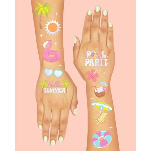 xo, Fetti Pool Party Temporary Tattoos - 68 Iridescent Foil Pcs | Summer Birthday Accessory, Kids Waterpark Party Favor, Cute Beach Activity