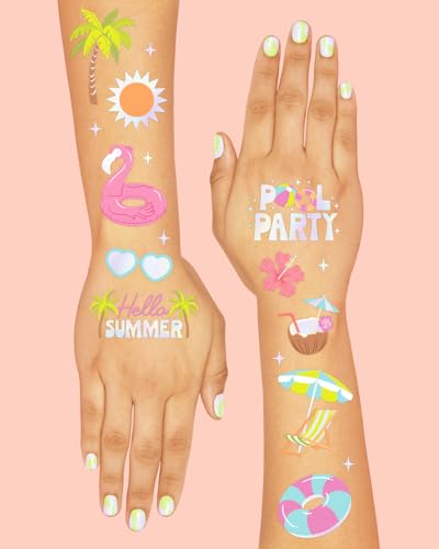 Pool Party Temporary Tattoos - 68 Iridescent Foil Designs