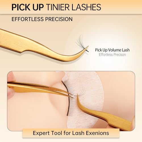 Lash Tweezers for Eyelash Extension, Hand Calibrated Dolphin-shaped and Curved Tip Eyelash Tweezers eyelash tweezers, False Lash Application Tools, Lash extension tweezers gold (Pack of 2, Gold)