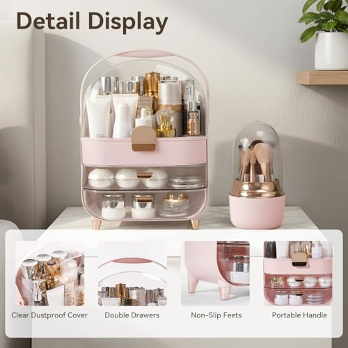 Large Pink Makeup Organizer with Brush Holder & Drawers