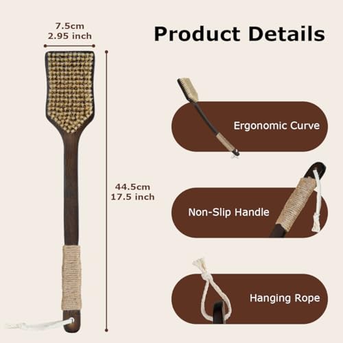 Shower Back Scrubber with Curved Long Handle Medium-Hard Natural Boar Bristles Back Scrubber for Shower for Men and Women Body Brush Exfoliator Set with Foot File(2 Pack)