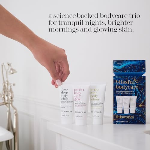 THISWORKS Blissful Bodycare Trio ? Deep Sleep Body Whip, Perfect Body Vit C Glow, In The Zone Body Lotion (30ml each) ? Travel-Size Moisturizers