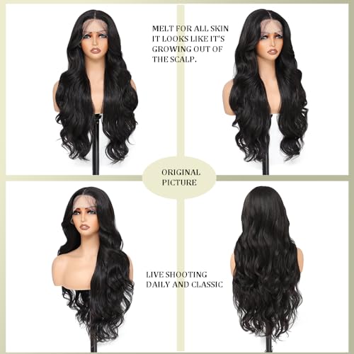 X-TRESS Hair Black wig for Women, Middle Part Front Lace Hairline Wig Pre-Plucked Heat Resistant Synthetic Wig for Daily 28 Inch-1B