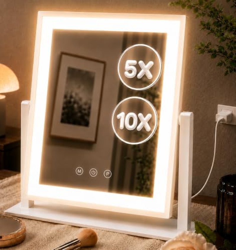 DECADENCE Lighted Makeup Mirror with 10X/5X Magnifiers - Dimmable & 360° Rotation