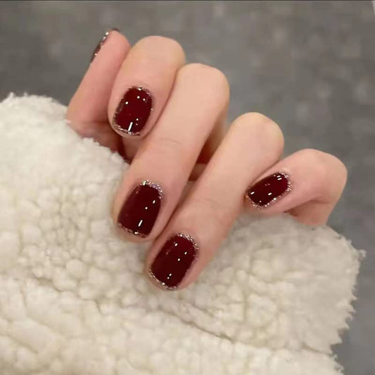 DOUBNINE Press On Nails Short Square Wine Red Square Silver Glitter Acrylic False Nails with Glue Ballerina Gradient Luxury Full Cover Stick On Nails for Women