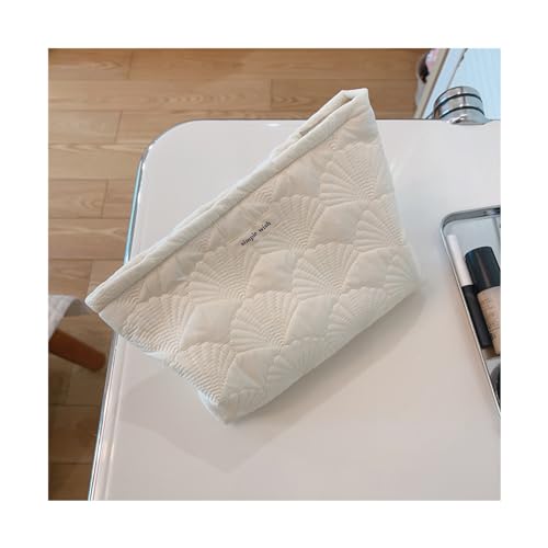 Quilted White Cotton Makeup Pouch - Floral Toiletry Bag for Women