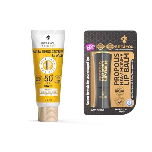 BEE and YOU SPF 50 Clear Sunscreen and Beeswax Lip Balm, 100% Natural, Propolis Extract, Mineral Based Zinc Oxide, Chapped Lips Treatment Severe, Shea Butter