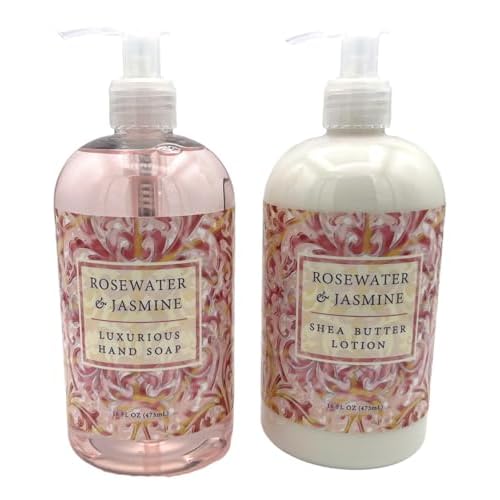 Greenwich Bay Trading Company Botanical Collection Bundle: Rosewater & Jasmine - 16 Ounce Shea Butter Lotion & 16 Ounce Hand Soap