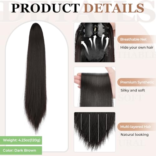 Cephermer 18-20 Inch Curly Straight Ponytail Extension Claw Clip Dark Brown - Natural Look, Synthetic Hair for Women