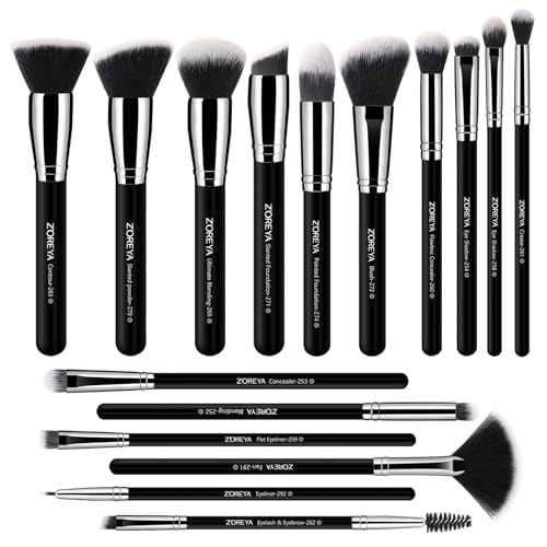 Z'OREYA Makeup Brushes, 16Pcs Makeup Brush Set Premium Synthetic Kabuki Brush Cosmetics Foundation Concealers Powder Blush Blending Face Eye Shadow Brush Set (Black)