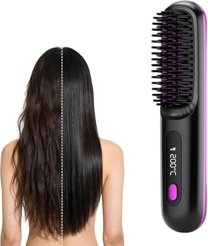 Cordless Hair Straightener Brush - Fast Heating, LCD Display