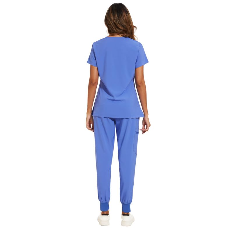 COZYFIT Scrubs for Women Set - Stretch V-Neck Scrub Top & Jogger Pant with 8 Pockets, Yoga Waistband, Anti Wrinkle, Slim Fit Women Scrubs - Ceil Blue, XS