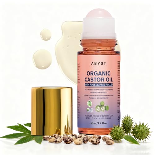 Organic Castor Oil Roll On - Rose Quartz Roller Ball for Face & Body, Skin & Hair Moisturizer, Glass Bottle, Pure & Natural, Cold-Pressed (1)