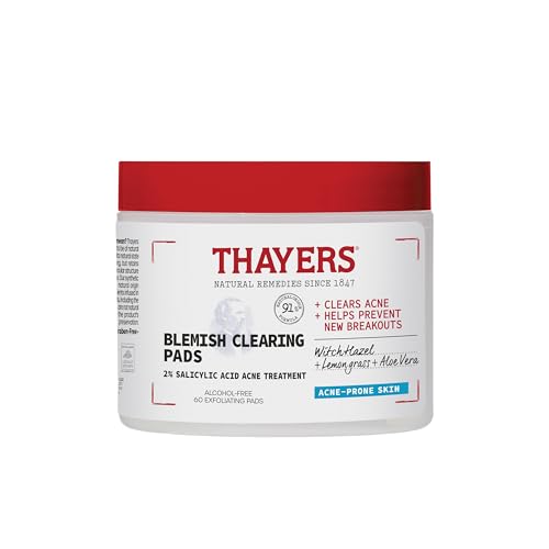 Thayers Blemish Clearing Acne Pads, Salicylic Acid Acne Treatment for Face, Pore Reducing, Exfoliating, and Soothing Skincare, Witch Hazel Toner Pads, 60 Ct