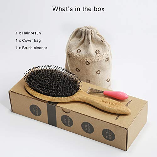 Boar Bristle Hair Brush with Bamboo Paddle & Massage Cushion