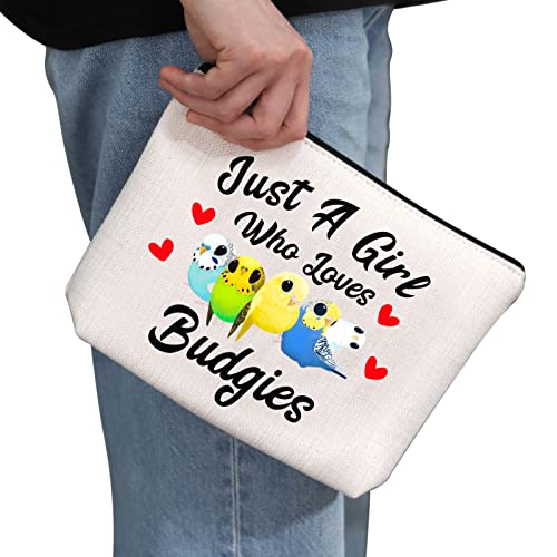 G2TUP Budgie Lover Gift Who Loves Budgies Makeup Bag Budgie Mom Cosmetic Bag Parakeet Pet Bird Lover Gift for Budgerigar Girls Women (Who Loves Budgies White Bag)