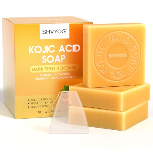 SHVYOG Kojic Acid Soap, Turmeric Soap Bar, Dark Spot Remover with Vitamin C Hyaluronic Acid for Deep Cleansing, Gentle Soap for Face and Body with A Foaming Net, 8.47oz（3 Pack）