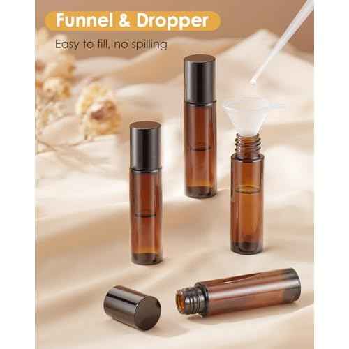 4 Pack Essential Oil Roller Bottles, 10ml Refillable Amber Glass Roller Bottles with Stainless Steel Roller Balls and Caps for Travel, Perfume and Lip Gloss