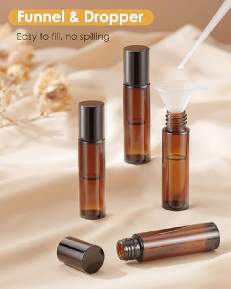 10ml Amber Glass Roller Bottles, 4-Pack Essential Oil Set