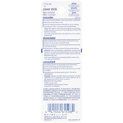 Maybelline New York Cover Stick Corrector Concealer,Yellow Corrects Dark Circles,0.16 oz.,(Pack of 2)