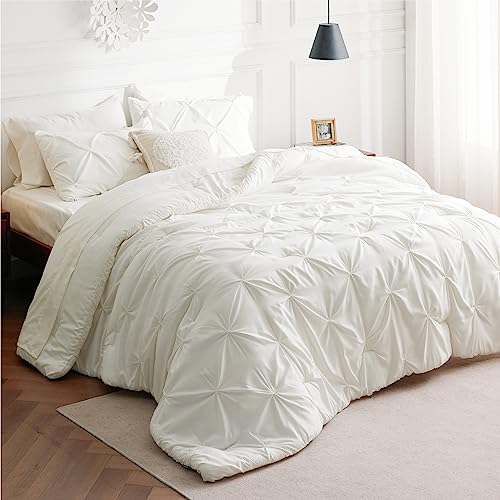 Bedsure Twin Comforter Set with Sheets - 5 Pieces Bedding Sets, Pinch Pleat Ivory Twin Bed in a Bag with Comforter, Sheets, Pillowcase & Sham