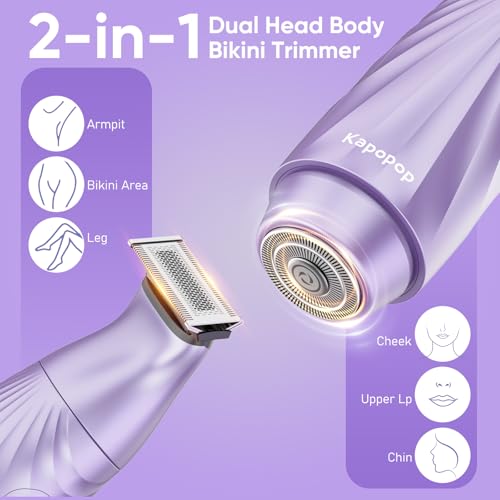 New Designed for Sensitive Skin Painless 2-in-1 Bikini Trimmer for Women,Dual Heads Electric Shaver & Razor for Body Pubic Underarm&Facial Hair,IPX7 Waterproof,Rechargeable Cordless Razor