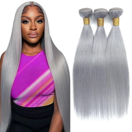Fridnae Silver Grey Human Hair Bundles 26/28/30 Inch - 150g Straight Virgin Hair