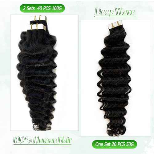 Tape in Hair Extensions Human Hair Deep Wave 26 Inch Black Hair Extensions Real Remy Human Hair Curly Tape ins for Black Women,20pcs Double Sided Invisible Tape Hair Extension 50g/pack