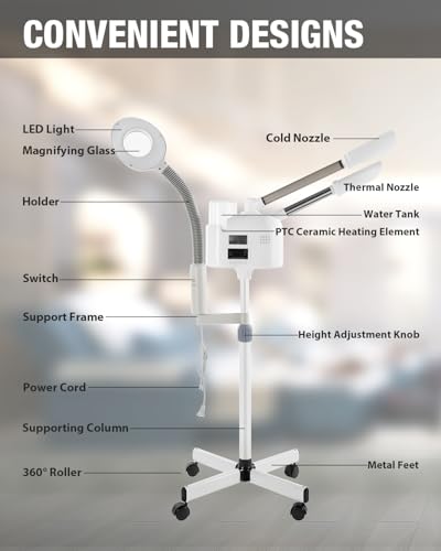 Professional Facial Steamer with 5x LED Magnifying Lamp & Cold Hot Nozzle