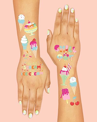 Ice Cream Birthday Party Temporary Tattoos for Kids - 56 Glitter Designs