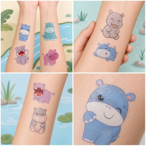 96 Hippo Temporary Tattoos - Jungle Party Favors for Kids