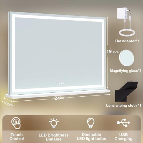 LED Makeup Vanity Mirror 24" with USB Charging & 10X Magnification