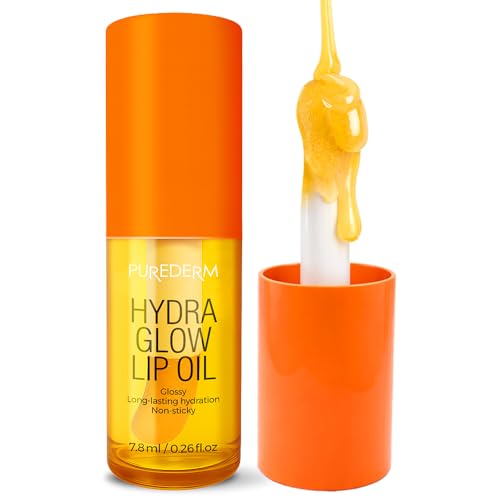 Purederm Hydra Glow Lip Oil, Clear Non-Sticky Lip Gloss, Hydrating Lip Care for Dry Lips, Day & Overnight Use (0.26 fl oz)