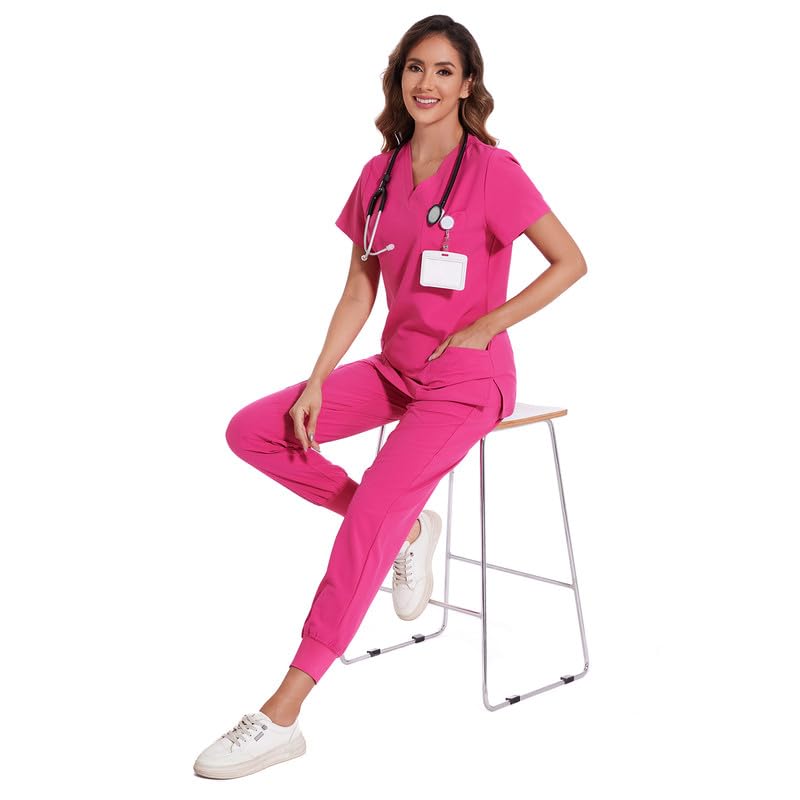 COZYFIT Scrubs for Women Set - Stretch V-Neck Scrub Top & Jogger Pant with 8 Pockets, Yoga Waistband, Anti Wrinkle, Slim Fit Women Scrubs - Hot Pink, XS