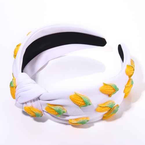 Fruit Headbands for Women Girls Corn Knotted Headband Summer Beach Headwear Hair Accessories (Corn-White)