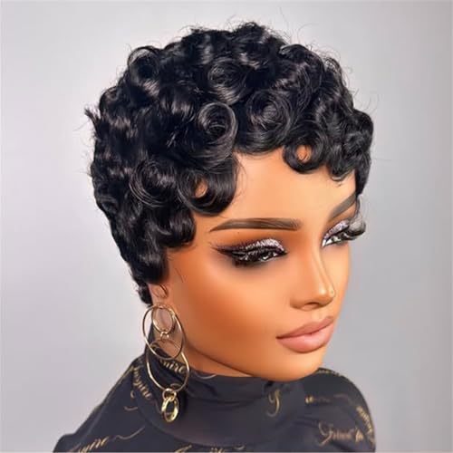 FREEKWEEN 1B# Short Curly Pixie Wig for Black Women Human Hair Finger Wave Style