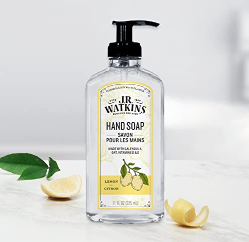 J.R. Watkins Liquid Hand Soap With Dispenser, Moisturizing Hand Soap, Alcohol-Free Hand Wash, Cruelty-Free, USA Made Liquid Soap For Bathroom or Kitchen, Lemon, 11 Fl Oz, 3 Pack