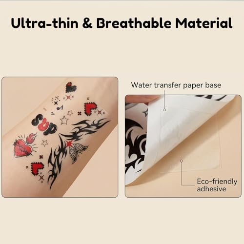 Red & Black Temporary Tattoos - 12 Sheets Waterproof Aesthetic Designs