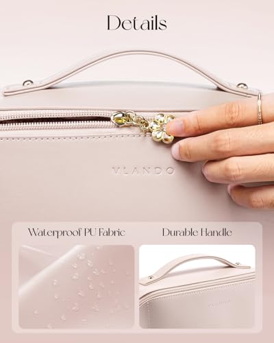 VLANDO Apricot Pink Cosmetic Bag with 180° Opening & Carry Handle