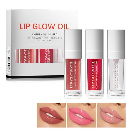 3Pcs Plumping Lip Oil, Lip Glow Oil Tinted Lip Balm Lip Care, Long Lasting Nourishing, Transparent Toot Lip Oil Repairing Lip Lines and Prevents Dry Cracked Lip Plumper (Lip Gloss- C Set)