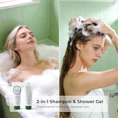Travel Size 2-in-1 Shampoo and Body Wash Bulk, Individually Wrapped Trial Mini Shampoo and Shower Gel, Small Men Women Cleansing Toiletries Amenities for Hotel/ Vacation/ Homeless 1 oz (Pack of 60)