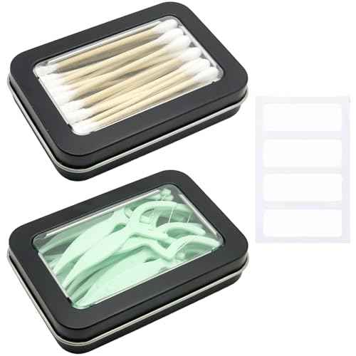 Cotton Swab Holder for Travel, 2 Pcs Portable Small Dental Floss Holder Empty Metal Cotton Ball Holder, Travel Floss Picks Case with Dustproof Lid for Cotton Swabs Hair Ties Floss, Black