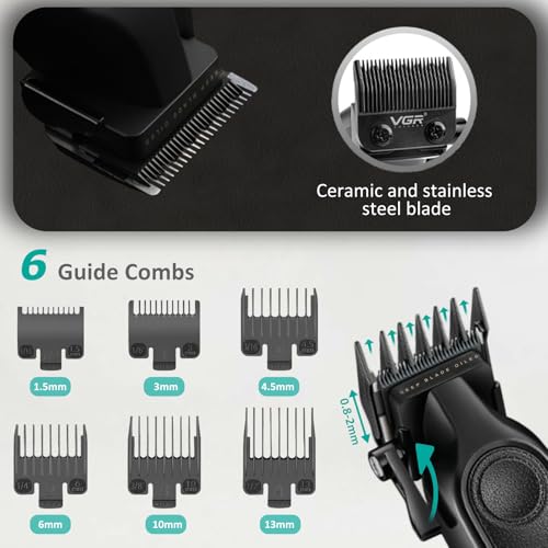 VGR 197 Professional Hair Clippers for Men, Cordless & Corded Barber Clippers with Ceramic Stainless Steel Blades, LED Indicator, Hair Cutting Kit with 6 Guide Combs & Grooming Accessories
