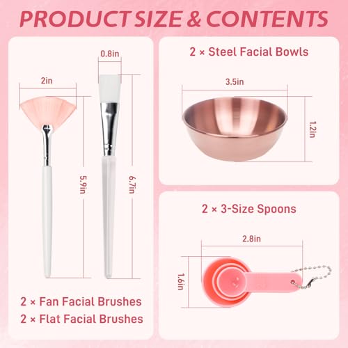 8 Pcs Face Mask Mixing Bowl Set - Esthetician Supplies, DIY Facemask Mixing Tool, Facial Mask Applicator Brushes Kit, 2 Rose Gold Facial Bowls, 2 Facial Fan Brushes, 2 Flat Brushes, 2 Measuring Spoons