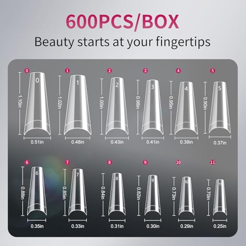 Clear Half Cover Coffin Nail Tips - 600 PCS Acrylic False Nails with Box