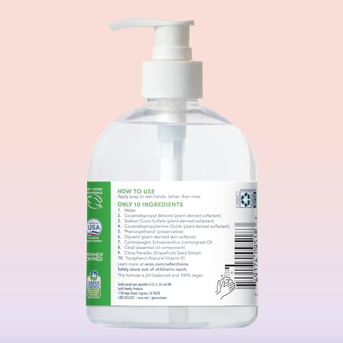 ECOS Hypoallergenic Hand Soap - Plants Based Hand Soap - Safe for Sensitive Skin - Lemongrass - 17 oz Bottle (6 pack)