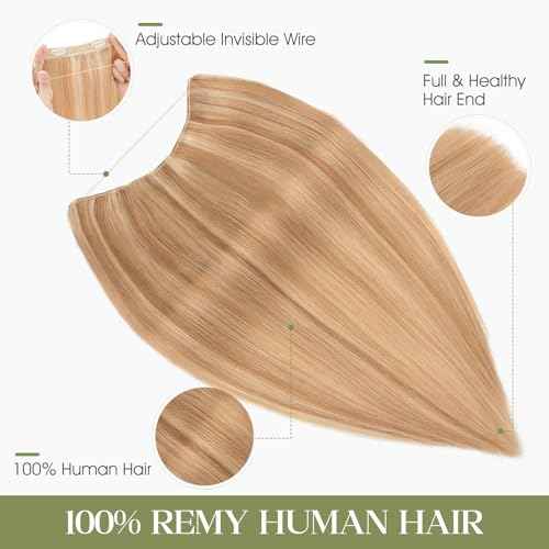 Halo Hair Extensions Real Human Hair Invisible Wire Extensions with Transparent Fish Line Adjustable Size Golden Brown & Bleach Blonde 16 inch
