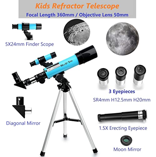 MaxUSee Telescope F360X50mm for Astronomy Beginners, Refractor Telescope with Tabletop Tripod & Finder Scope, Travel Telescope includes 3 Magnification Eyepieces and Moon Mirror